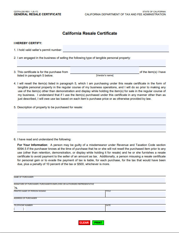 California Resale Certificate - Buy ...